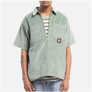 Rokit Green Corduroy Commit Full-Zip Front Short Sleeve Shirt Men's Large Green